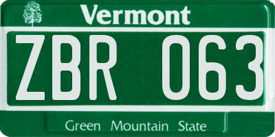 VT license plate ZBR063