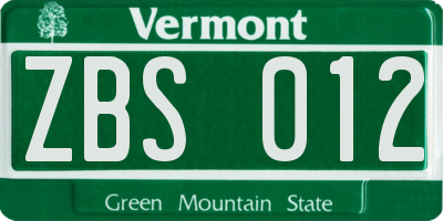 VT license plate ZBS012