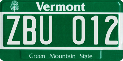 VT license plate ZBU012