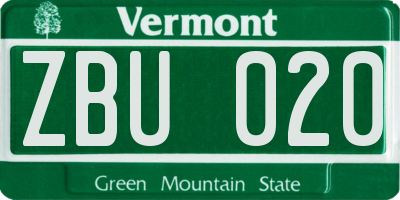 VT license plate ZBU020