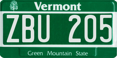VT license plate ZBU205