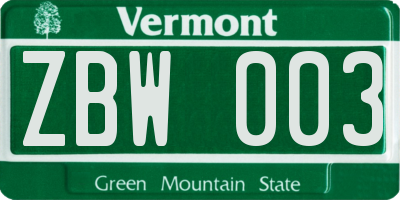 VT license plate ZBW003