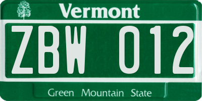 VT license plate ZBW012