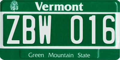 VT license plate ZBW016