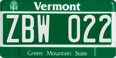VT license plate ZBW022