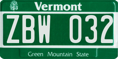 VT license plate ZBW032