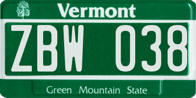 VT license plate ZBW038