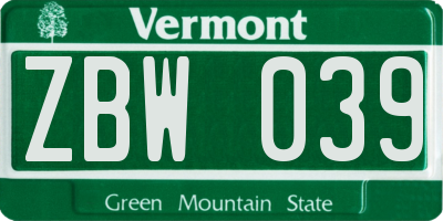 VT license plate ZBW039