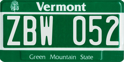 VT license plate ZBW052