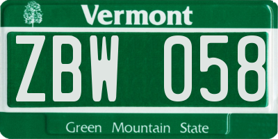 VT license plate ZBW058