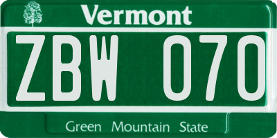 VT license plate ZBW070