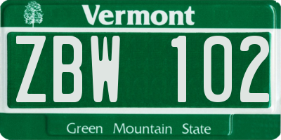 VT license plate ZBW102