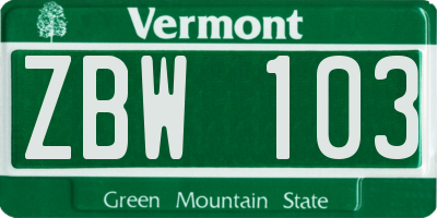 VT license plate ZBW103