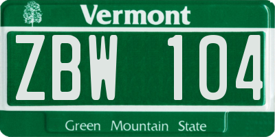 VT license plate ZBW104