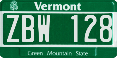VT license plate ZBW128