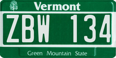 VT license plate ZBW134
