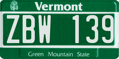 VT license plate ZBW139