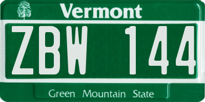 VT license plate ZBW144