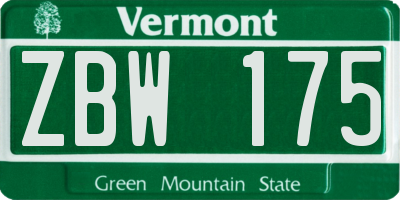 VT license plate ZBW175