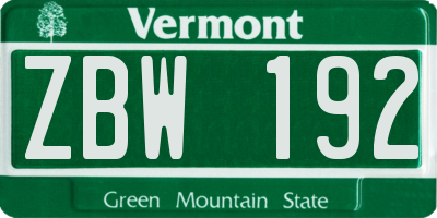 VT license plate ZBW192