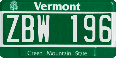 VT license plate ZBW196