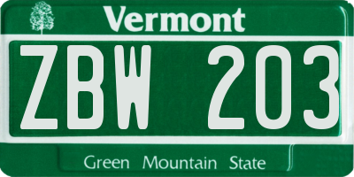 VT license plate ZBW203