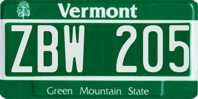 VT license plate ZBW205