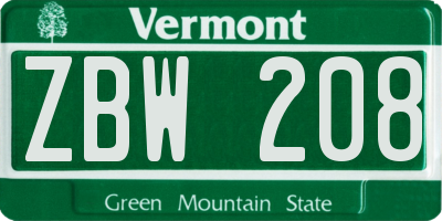 VT license plate ZBW208