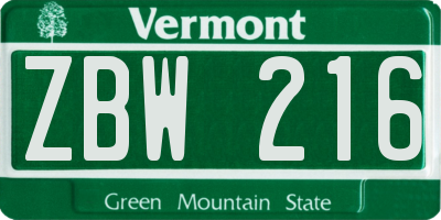 VT license plate ZBW216