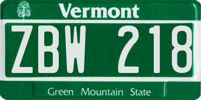 VT license plate ZBW218