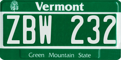 VT license plate ZBW232