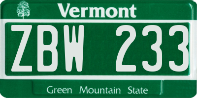 VT license plate ZBW233