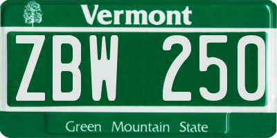 VT license plate ZBW250