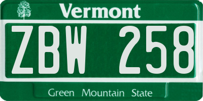 VT license plate ZBW258