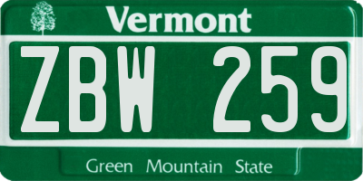 VT license plate ZBW259