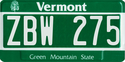 VT license plate ZBW275