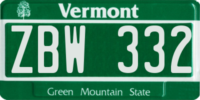 VT license plate ZBW332