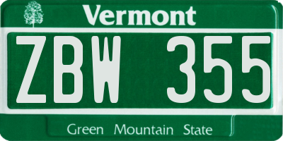 VT license plate ZBW355