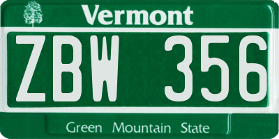 VT license plate ZBW356