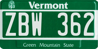 VT license plate ZBW362
