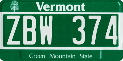 VT license plate ZBW374