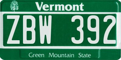 VT license plate ZBW392