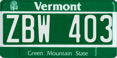 VT license plate ZBW403