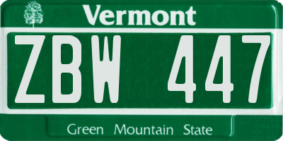 VT license plate ZBW447