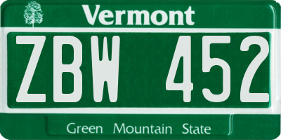 VT license plate ZBW452