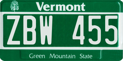 VT license plate ZBW455
