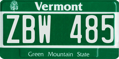 VT license plate ZBW485