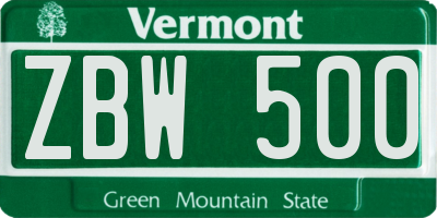 VT license plate ZBW500