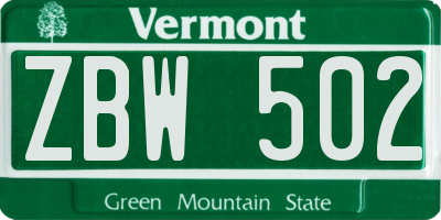 VT license plate ZBW502