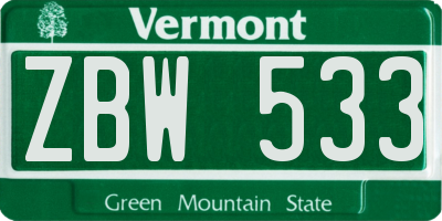 VT license plate ZBW533